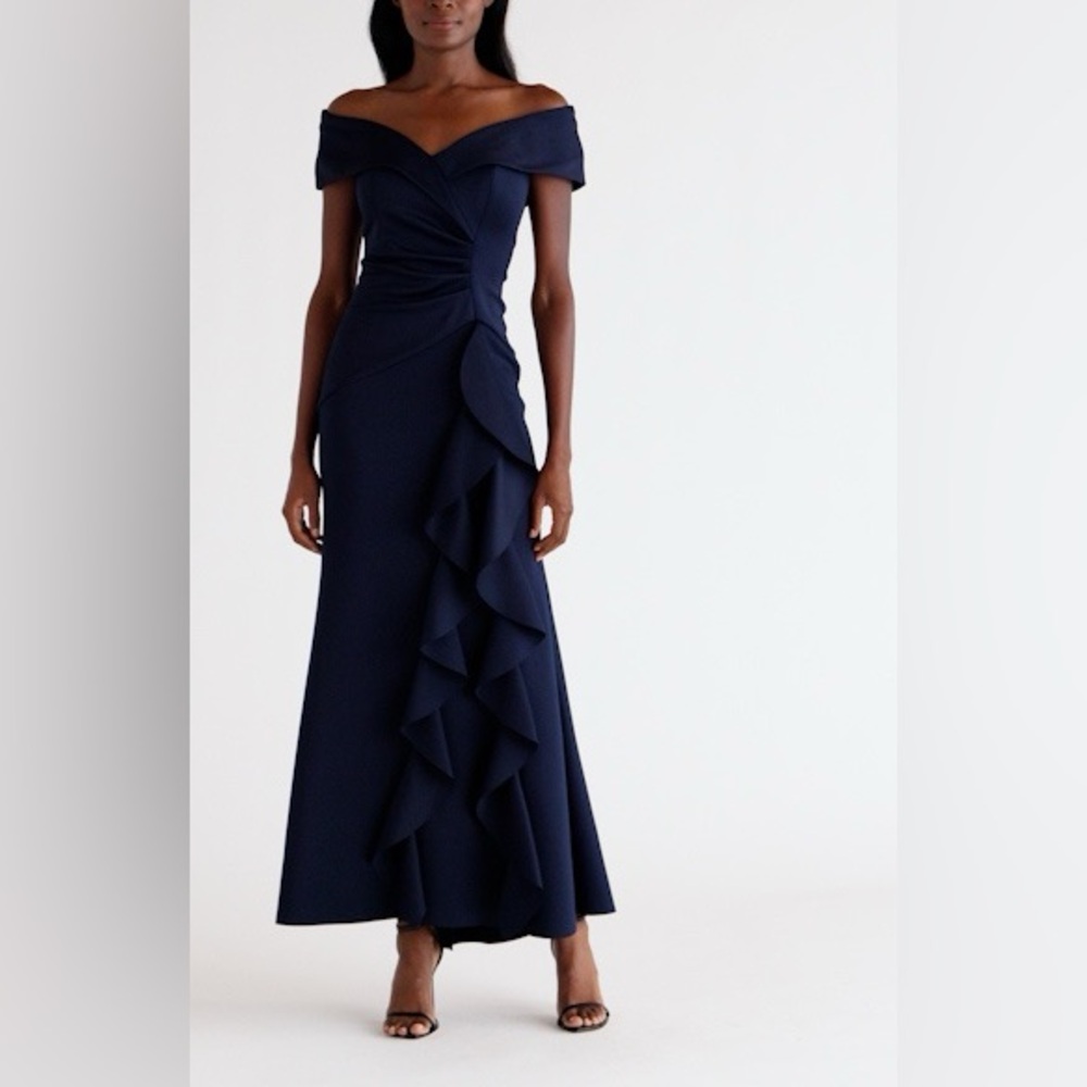 SOLD- Xscape Evenings Ruffle Off the Shoulder Scuba Knit Gown Size 12